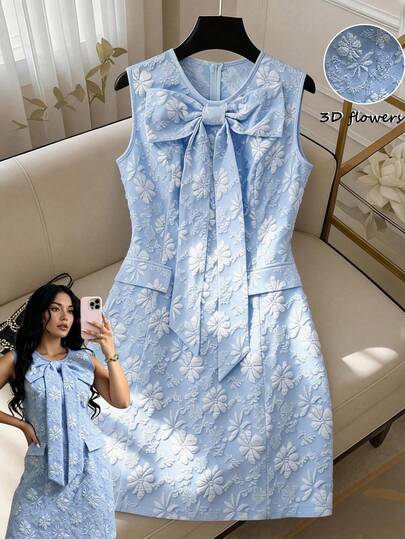 GlowEve CURVE Regalyn 大码圆领提花蝴蝶结无袖连衣裙，女士，春夏款