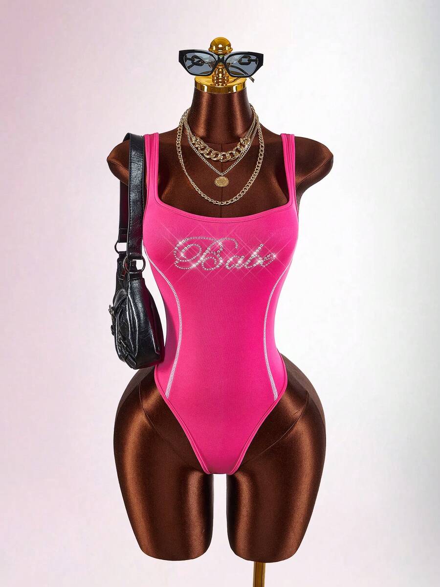 Amplova 女士字母印花休闲百搭连体衣，适合日常穿着 - 玫紅色 - 查看 1