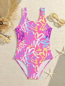 SHEIN 女童连体泳衣速干沙滩泳装，适合8-14岁女孩 - 淺粉色 - 查看 1