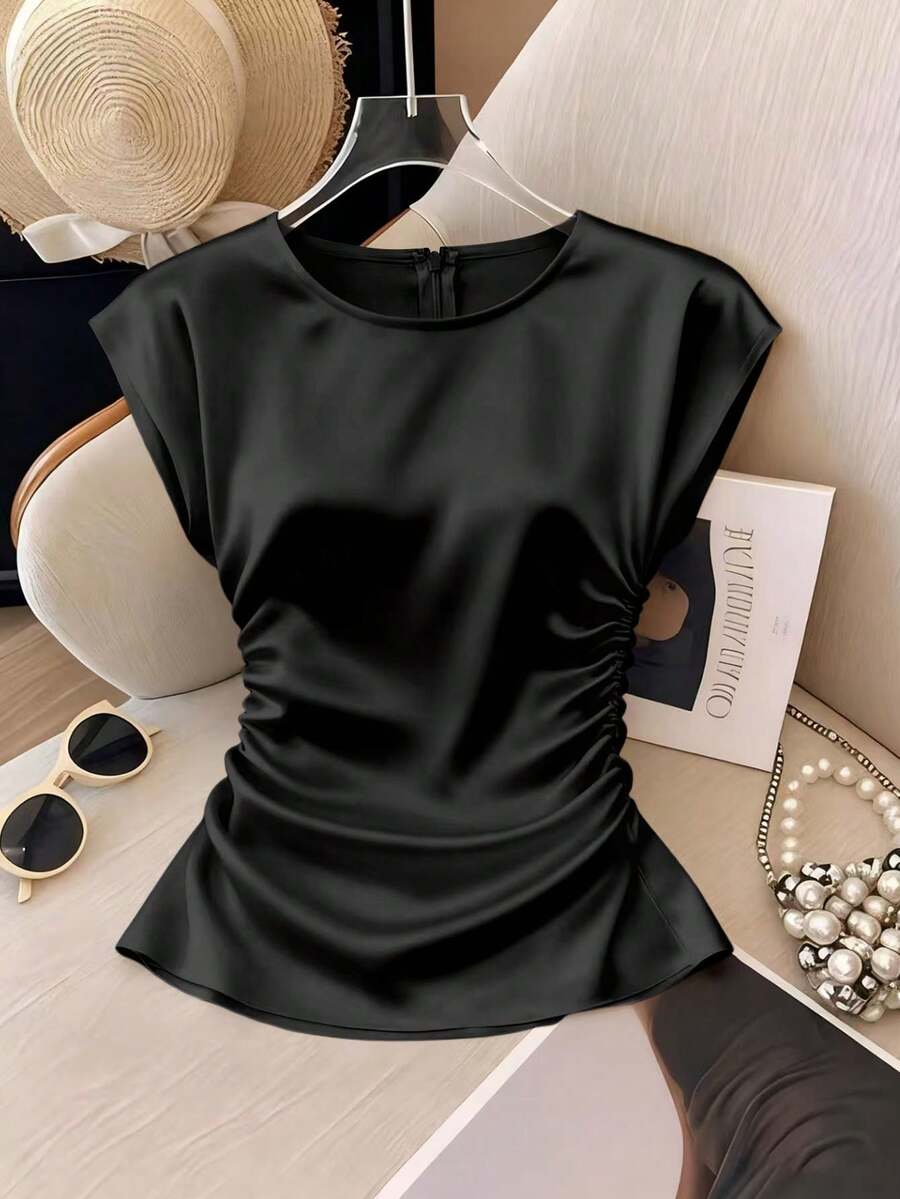 Franclia Blusa ligera de color melocotón sólido con cuello redondo elegante, cintura ceñida y volantes en las mangas cortas, versátil - Negro - Ver 1
