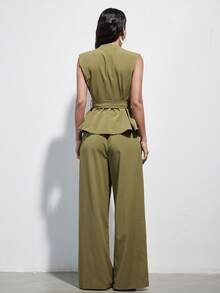 Aveloria Modichic Olive Green V-Neck Sleeveless Ruched Waist Suit Jacket With Adjustable Belt And Loose Straight Leg Pants, Women's Suit Set, Elegant Office & Casual Versatile Two Pieces Outfit - Mustard Yellow - View 3