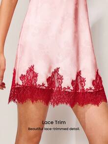 LUVLETTE Bridal Romantic Gift Pink Satin Sleep Gown - Elegant Camisole Dress With Red Lace Trim Perfect Wedding Present Lingerie Pijama Dress - Pink - View 5