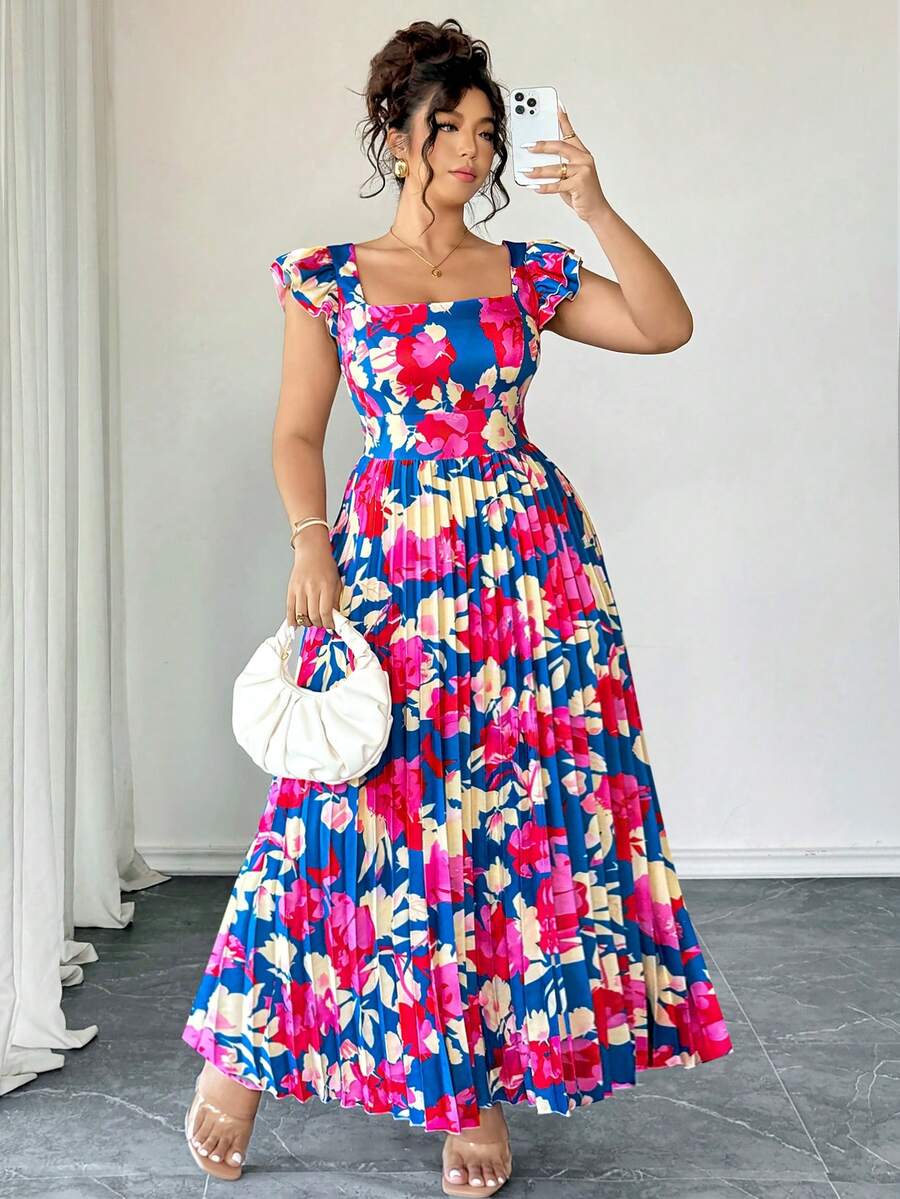 Elenzga Vestido largo de mujer talla grande con estampado floral, cuello cuadrado, mangas con volantes, cintura fruncida y estilo vintage francés versátil para vacaciones y citas - Multicolor - Ver 1