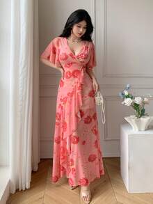 Celisse 女士V领印花弹力腰荷叶边下摆修身优雅连衣裙 - 粉色 - 查看 3