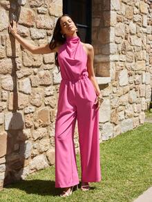 KARISMINA 女士优雅浪漫度假日常宽松垂褶领粉色连体裤，柔软弹力面料，带口袋，适合婚礼宾客穿着，春夏款 - 粉色 - 查看 3