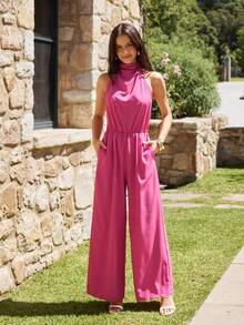 KARISMINA 女士优雅浪漫度假日常宽松垂褶领粉色连体裤，柔软弹力面料，带口袋，适合婚礼宾客穿着，春夏款 - 粉色 - 查看 7