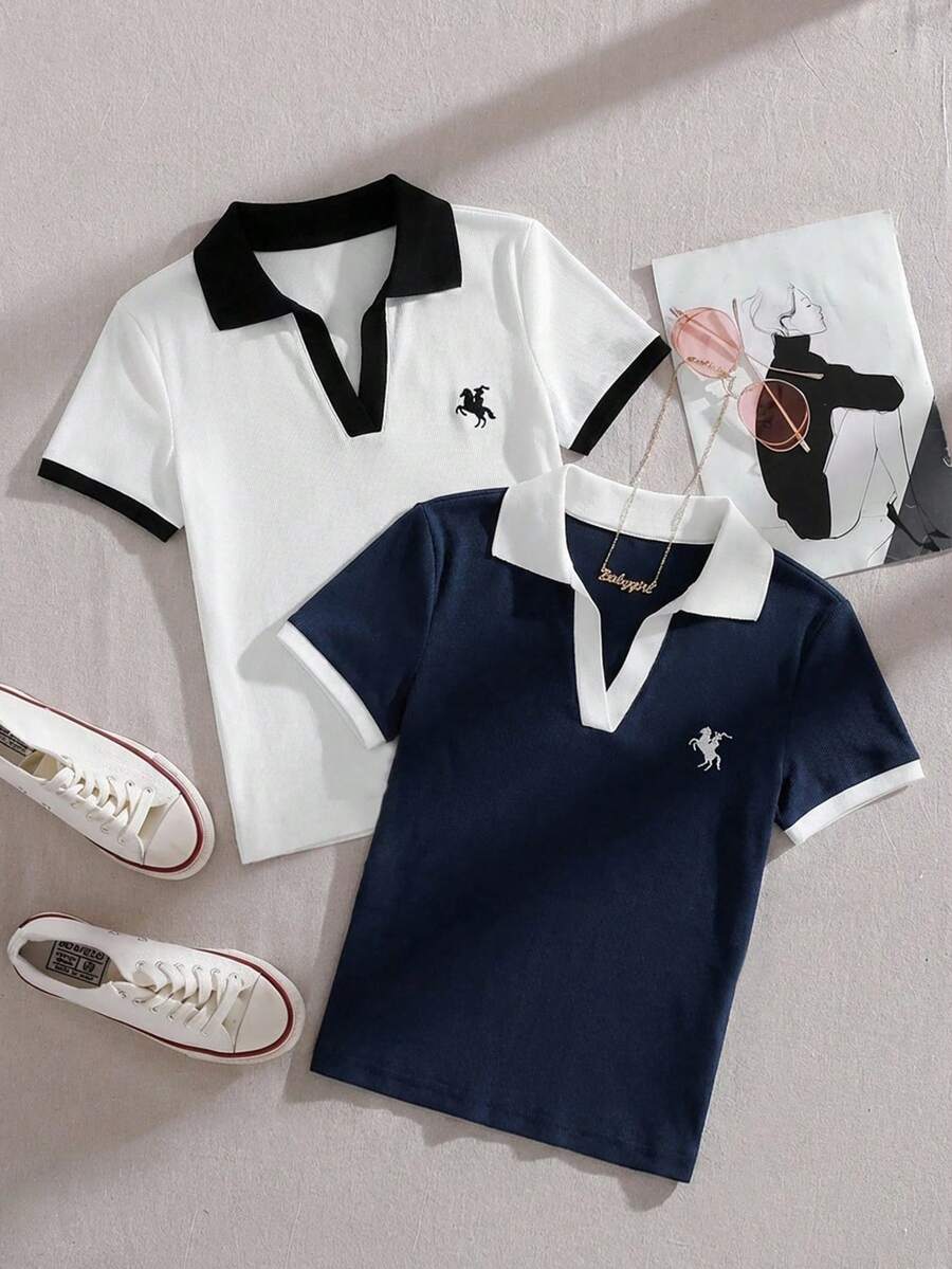 SHEIN 两件装短款针织Polo衫套装，带刺绣 - 彩色 - 查看 1