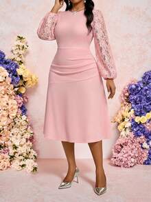 Fleurora 大码秋冬优雅派对婚礼鸡尾酒会音乐会/音乐节办公室粉色针织圆领主教袖撞色蕾丝中长长袖连衣裙 - 粉色 - 查看 3