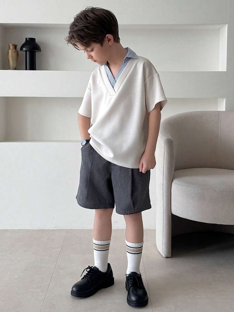 Tween Boy Striped Patchwork Polo Collar Casual Short Sleeve T-Shirt Summer