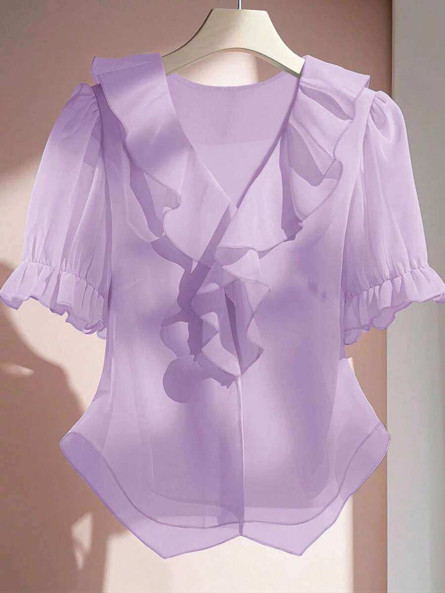 SHEIN Clasi 大码纯色荷叶边V领花瓣袖衬衫 - 紫羅蘭色 - 查看 1