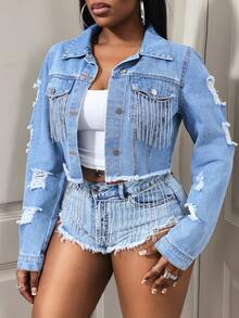 BamGleam 女士时尚休闲牛仔夹克和外套 - 藍色 - 查看 1