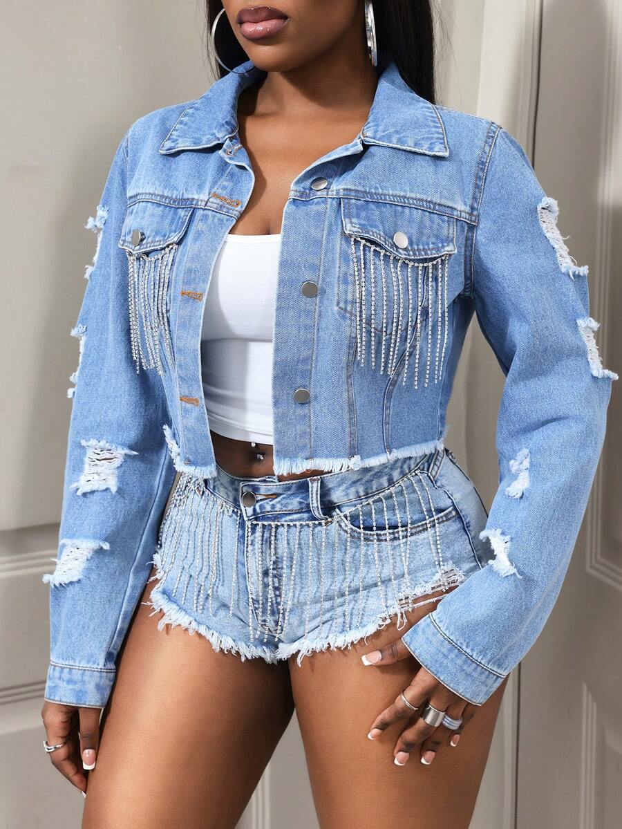 BamGleam 女士时尚休闲牛仔夹克和外套 - 藍色 - 查看 1