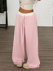 Muchica Women's Drawstring Waist Casual Versatile Daily Wear Wide Leg Pants - Pink - View 6