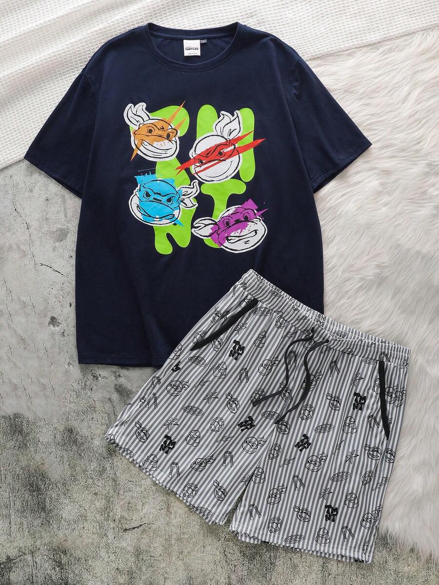 TEENAGE MUTANT NINJA TURTLES | SHEIN 男士短袖T恤和抽绳腰带短裤睡衣套装，忍者神龟图案 - 藏蓝色 - 查看 1
