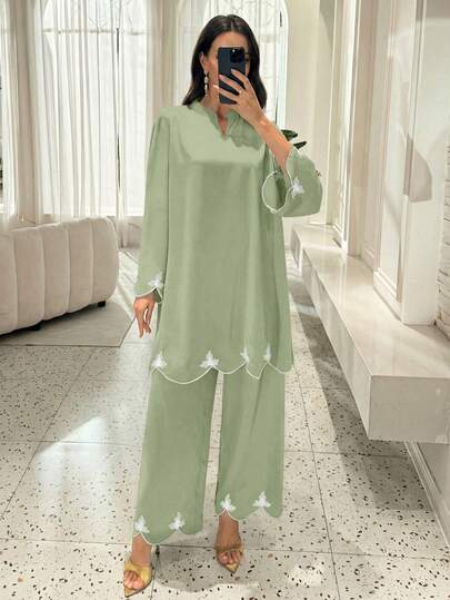 Lacomfia 女士V领刺绣宽松两件套，春夏款