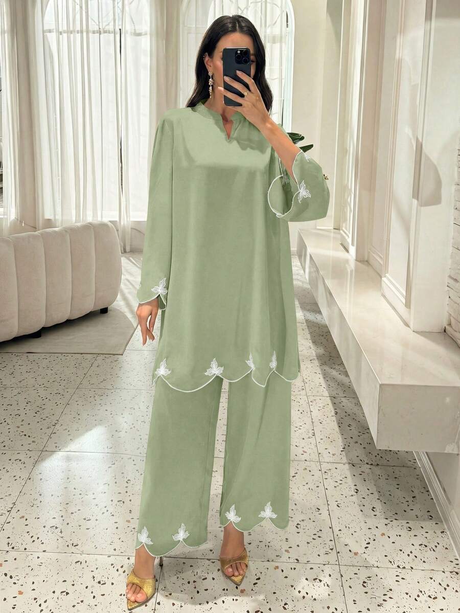 Lacomfia Women's V-Neck Embroidered Loose 2 Pieces Set, Spring/Summer Clothes For Ladies Blouse And Pants Set Formal For Women - Green - View 1