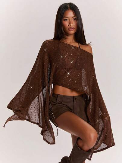 SHEIN BAE Áo khoác ngoài màu nâu trơn, ôm sát, chất liệu lưới xuyên thấu, đính sequin, kiểu trễ vai, thích hợp mặc đi biển, áo móc, mặc mùa hè/dự tiệc/lễ hội âm nhạc/tụ họp/đi club/dã ngoại/phong cách đường phố/lễ hội nhạc đồng quê/phong cách miền Tây/phong cách Bohemian.