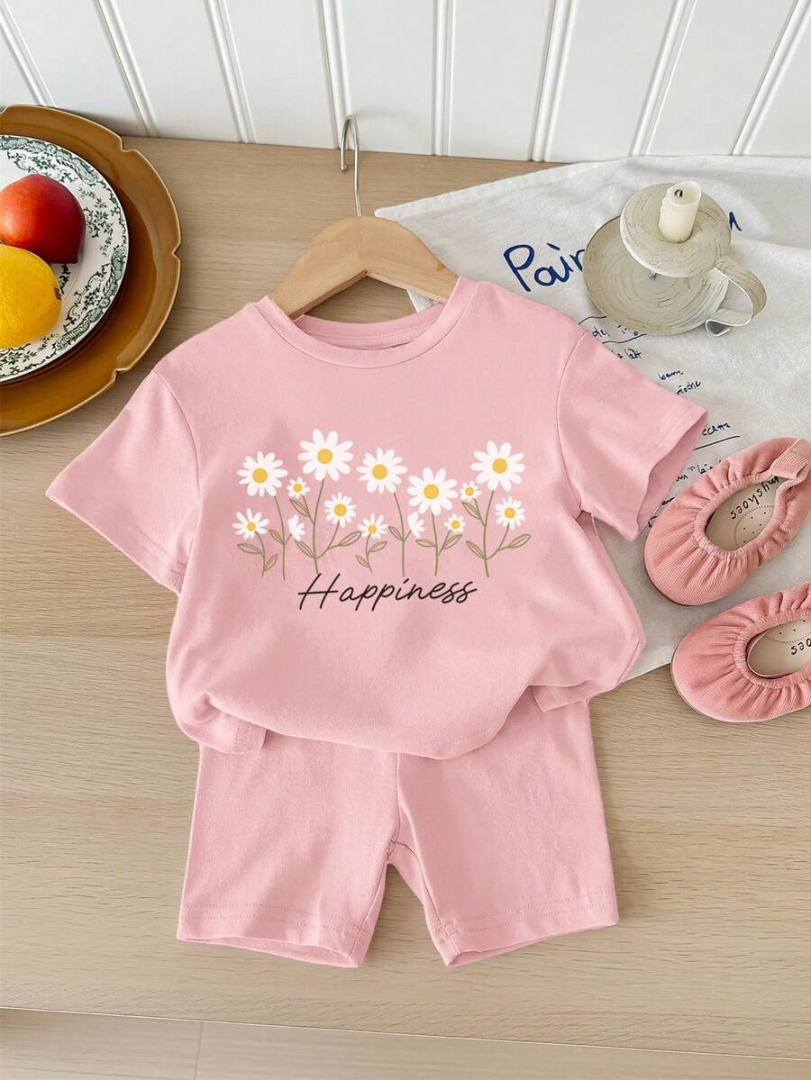 SHEIN LMoss Kids 粉色碎花印花休闲舒适柔软圆领宽松短袖T恤搭配紧身骑行短裤套装,适合日常穿着、街头风、外出、居家、度假、野餐、农场、返校节、春夏女童装扮 - 白色 - 查看 1