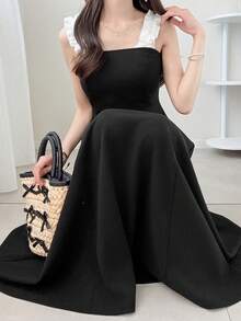 FRIFUL Women's Contrast Color Ruffle Strap Patchwork A-Line Waist Sweet Long Dress, Sleeveless For Summer Sundress Cocktail Dress - Black - View 1