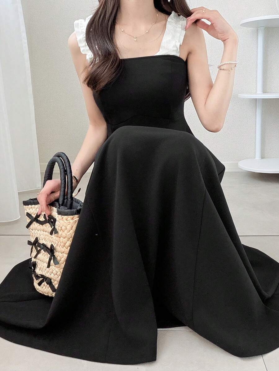 FRIFUL Women's Contrast Color Ruffle Strap Patchwork A-Line Waist Sweet Long Dress, Sleeveless For Summer Sundress Cocktail Dress - Black - View 1