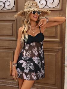 Brillora Conjunto de tankini con estampado de plantas tropicales y drapeado para mujeres, atuendo para vacaciones en la playa - Blanco y Negro - Ver 5
