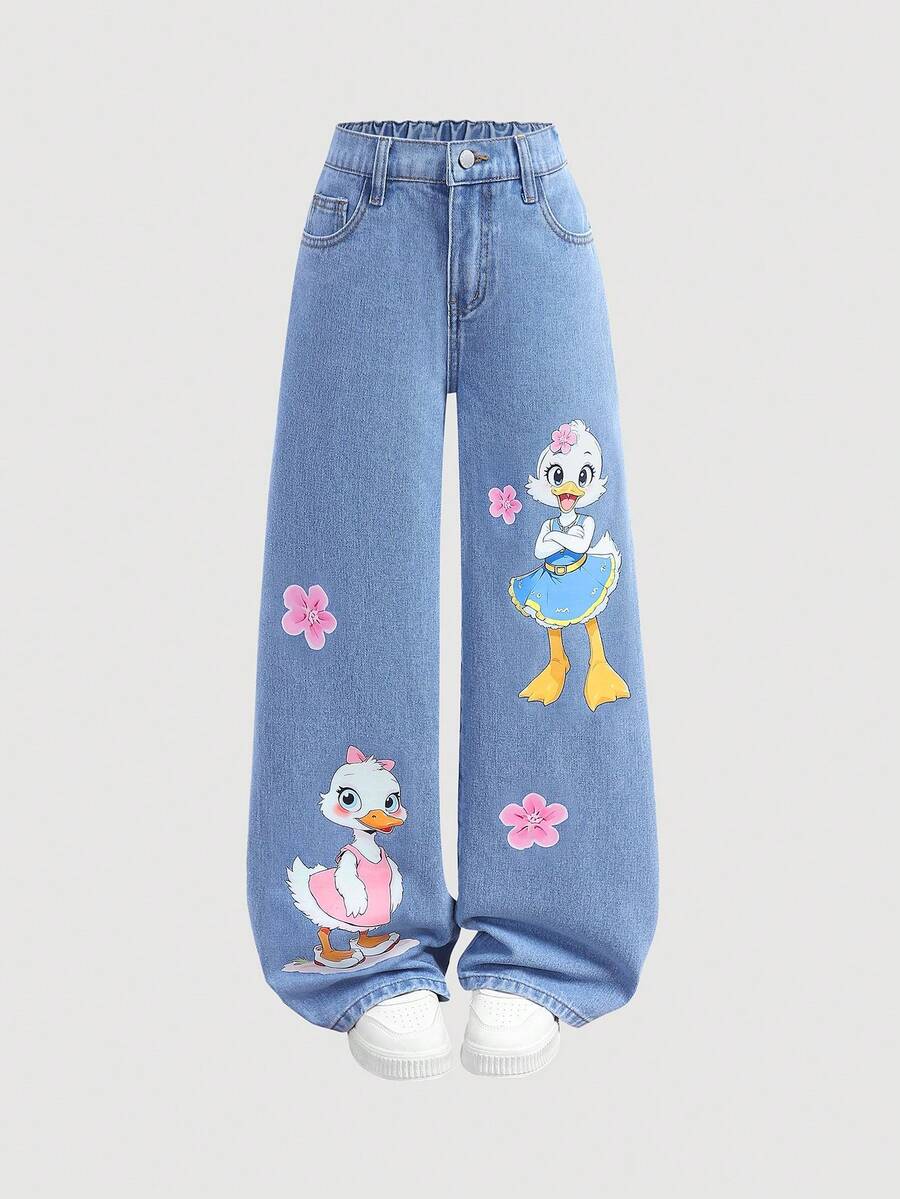 SHEIN 少女时尚休闲 Y2K 复古酷炫街头可爱精致粉色蝴蝶结图案蓝色宽松牛仔裤可爱精致卡通鸭子图案蓝色宽松舒适牛仔裤日常穿着春夏锐舞节和街头服饰 - 藍色 - 查看 1