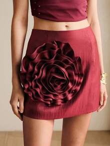 Arave Women Satin Texture Fabric Slim Fit H-Line Large Handmade Stereoscopic Rose Ruffled Design High Waist With Leather Metal Buckle Belt Elegant Party Evening Midi Skirt Elegant Party Dresses For Women Red Dress Wedding Guest Dress For Women - Burgundy - View 3