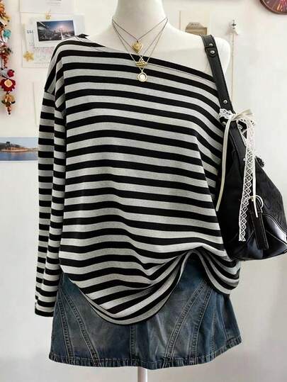 Lalippa Casual Striped Dropped Shoulder Long Sleeve T-Shirt