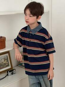 DAZY 男童条纹 Polo 领短袖休闲 T 恤 - 寶藍色 - 查看 5