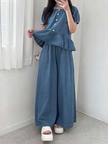 FRIFUL 女士棉质花瓣袖牛仔上衣和阔腿牛仔裤套装 - 藍色 - 查看 5