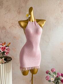 Elamini Y2K Damen Frühling/Sommer Insel Strand Mode Pailletten Quasten Dekor Neckholder Rückenfreies Bodycon Strickkleid - Pink - Übersicht 4