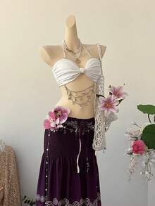 SuriyaCove Women's Vacation Beach Twist Beaded Chain Decor Backless Cropped Halter Top - White - View 3