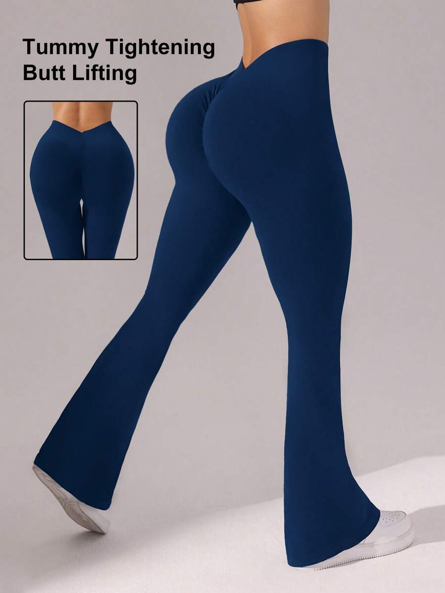 Easithlete High Waist Pleated Tight Fit Flare Leg Sports Pants - Blue - View 1