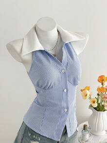 Elamini 女士蓝色条纹无袖衬衫，百搭时尚，适合日常、约会、海滩旅行、街头风、春夏穿着。 - 藍色 - 查看 4