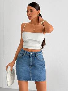 SHEIN 中度水洗蓝色高腰迷你牛仔女裙 - 中等水洗藍 - 查看 5