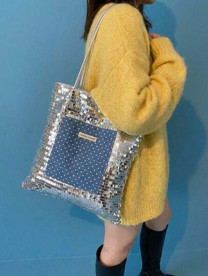 Joivida 1 Pc Women's Sparkly Sequins PU Handbag Large Capacity Multi-Functional Shoulder Bag For Daily Commute Leisure Travel Ideal Gift For Valentine's Day New Year BackSchool Season(Blue/Pink)