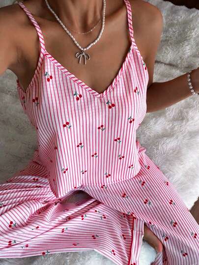 SHEIN Women's Bubble Crinkle Striped Cherry Print Camisole & Pants Pajama Set