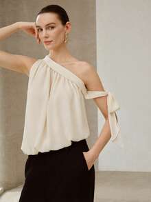 MOTF PREMIUM 不对称领口打结宽松无袖雪纺衬衫 - 杏色 - 查看 6