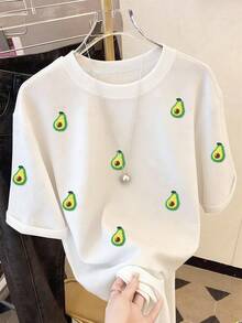 Resyla Áo thun nữ thời trang thường ngày vai rớt cổ tròn, áo thun thêu hình quả bơ, áo thun thêu hình khăn bơ, áo thun thoải mái mặc ngoài trời, áo thun mặc được cả bốn mùa, áo thun họa tiết trái cây. - trắng - Xem 5