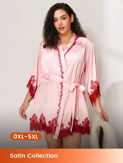 LUVLETTE Plus Size Pyjama Bridal Luxury Pink Satin Kimono Robe - Elegant Tie-Waist Nightgown With Red Lace Details Bridal Lounge Wear Curvy Talla Grande