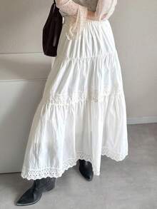 FRIFUL Women's Contrast Lace Maxi Flared Skirt - White - View 11