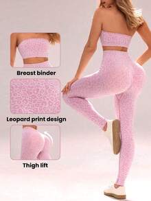 Sovereign Charm Conjunto deportivo sin costuras con estampado de leopardo para mujer, top bandeau y leggings sexy de dopamina, conjunto de 2 piezas - Multicolor - Ver 2