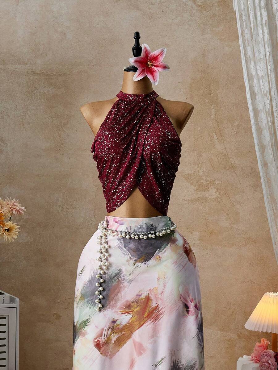 Femesol Women's Shiny Pleated Cropped Halter Neck Tank Top - Burgundy - View 1