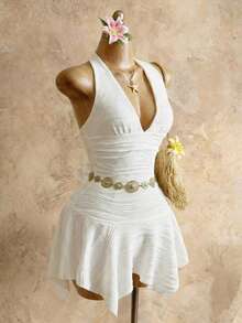 Zolique Choleric Shoulder Neckline Asymmetric Metal Accessories Dress - White - View 3