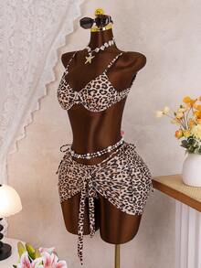 Bonvoyette Women's 3-Piece Leopard Print Swimwear Set With Beach Dress,Adjustable Straps Bikini,Tan,Summer,Casual,Beach,Vacation,Holiday Party Outfits - Multicolor - View 5