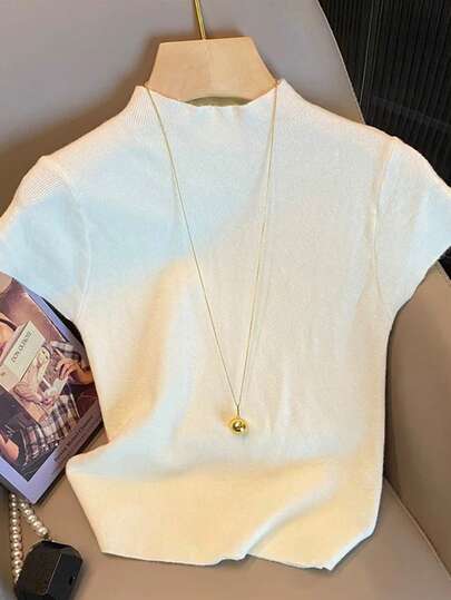 Resyla Women's Solid Color Stand Collar Fitted Elegant Casual Short Sleeve Sweater