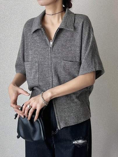 FRIFUL 女士纯色翻领拉链休闲百搭日常短袖T恤