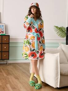Chillnights Bata con cierre de botones delantero con estampado de frutas y rayas para mujer - Multicolor - Ver 4