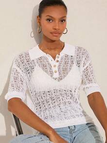 Lilora Casual White Knitwear Polo Sweater For Women Sheer Short Sleeve Regular Length Drop Shoulder Style - White - View 1