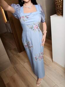 Modelyn Damen Blumen-Muster plissiertes elegantes Midi-Kleid, geeignet für den Sommer - Blau - Übersicht 8